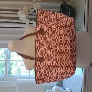 Jonathan Adler Womens Classic Leather Tote White/Coral/Black Print Brown Straps